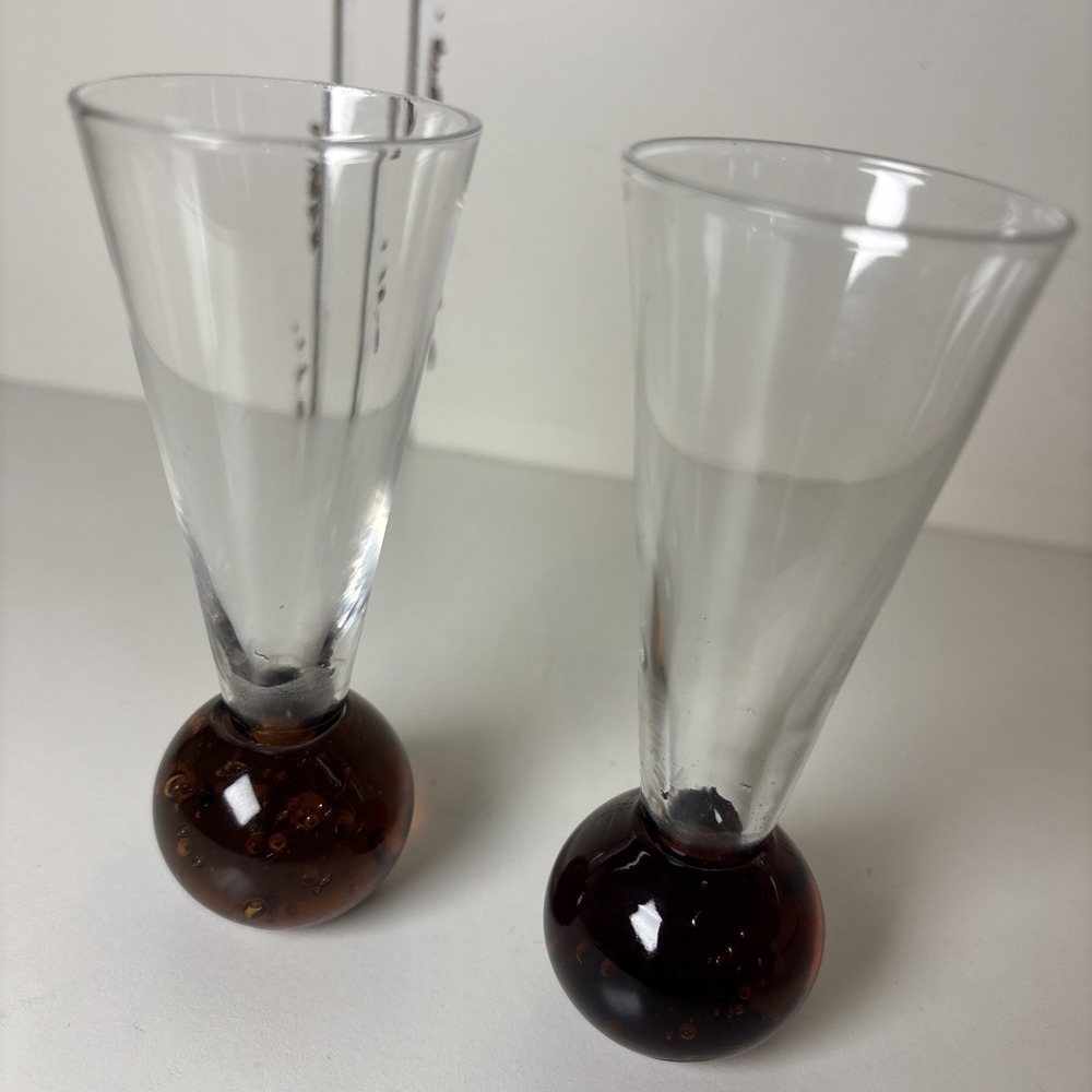Vintage 2 Cordial Shot‎ Glass Amber Bubble Ball Bottom Base Colored Glass 4 1/2" - Picture 7 of 7